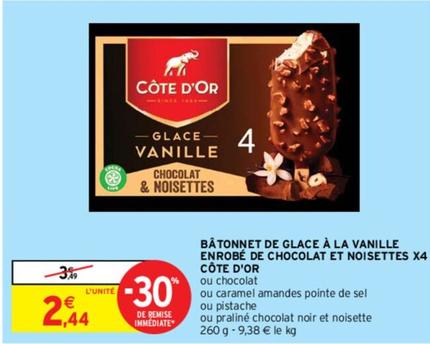 Côte D'Or - Bâtonnet De Glace À La Vanille Enrobé De Chocolat Et Noisettes offre à 2,44€ sur Intermarché