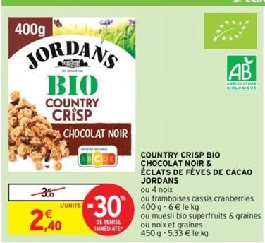 Jordans - Country Crisp Bio Chocolat Noir & Éclats De Fèves De Cacao offre à 2,4€ sur Intermarché