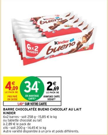 Kinder - Barre Chocolatée Bueno Chocolat Au Lait offre à 4,09€ sur Intermarché