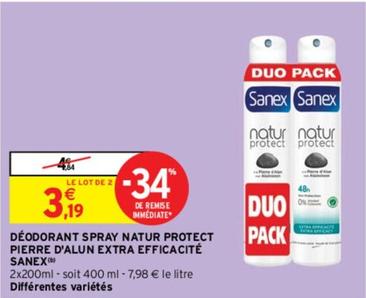 Sanex - Déodorant Spray Natur Protect Pierre D'Alun Extra Efficacité offre à 3,19€ sur Intermarché
