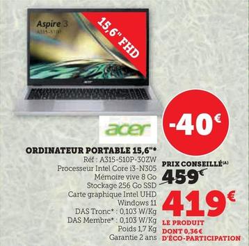 Acer - Ordinateur Portable 15,6" A315-510P-30ZW  offre à 419€ sur Hyper U