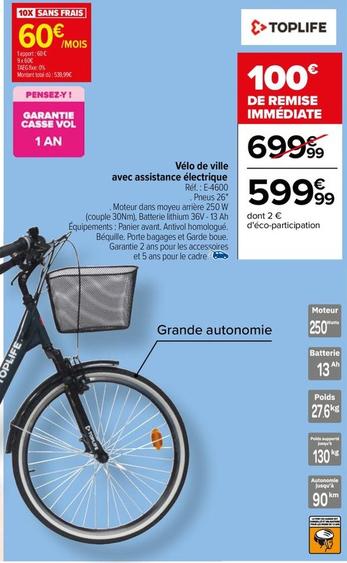 Toplife - Vélo De Ville Avec Assistance Électrique E-4600 offre à 599,99€ sur Carrefour