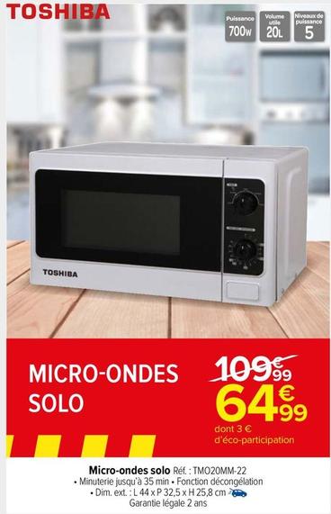 Toshiba - Micro-ondes Solo Réf.: TM020MM-22 offre à 64,99€ sur Carrefour Market