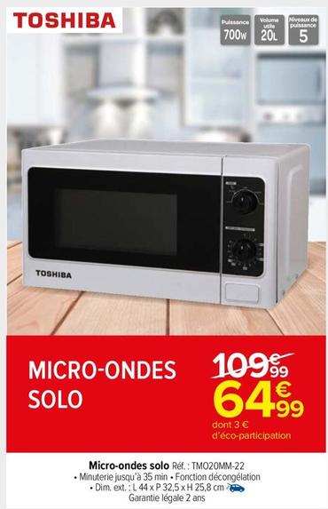 Toshiba - Micro-Ondes Solo Réf.: TM020MM-22 offre à 64,99€ sur Carrefour Market