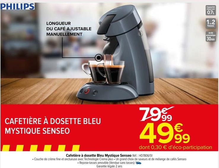 Senseo - Cafetière À Dosette Bleu Mystique Réf.: HD7806/51 offre à 49,99€ sur Carrefour Market
