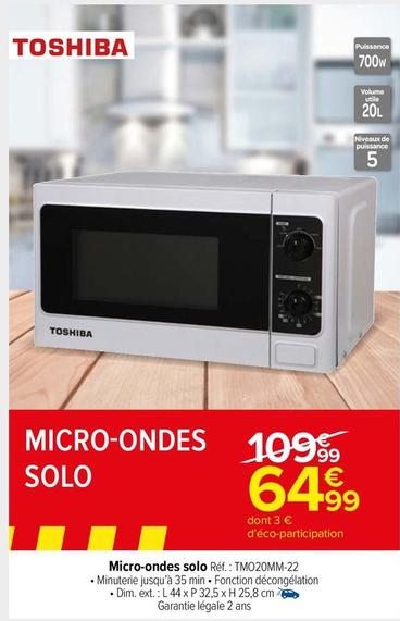 Toshiba - Micro-Ondes Solo Réf.: TM020MM-22 offre à 64,99€ sur Carrefour Market