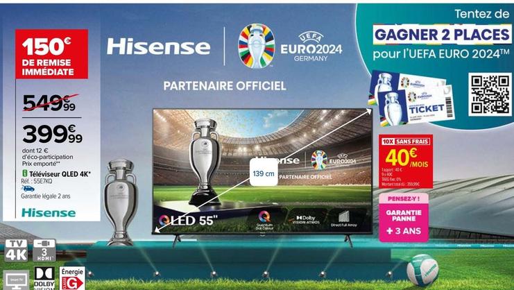 Hisense - Téléviseur Qled 4K  offre à 399,99€ sur Carrefour Drive