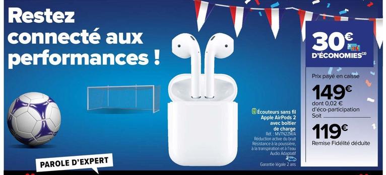 Apple - Écouteurs Sans Fil Air Pods 2 Avec Boitier  offre à 119€ sur Carrefour Drive