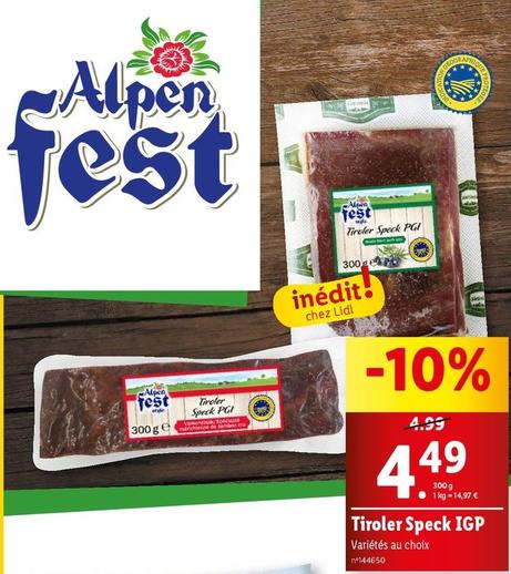 Alpen Fest - Tiroler Speck Igp offre à 4,49€ sur Lidl