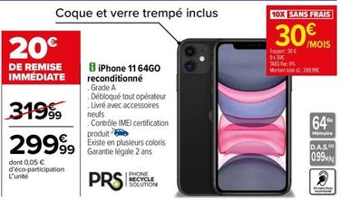 Apple - Iphone 11 64GO Reconditionné offre à 299,99€ sur Carrefour City
