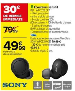 Sony - Écouteurs Sans Fil WFC52B.CE7 IPX4 offre à 49,99€ sur Carrefour
