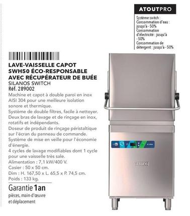 Silanos - Lave-Vaisselle Capot SWH50 Éco-Responsable Avec Récupérateur De Buée Silanos offre sur Metro