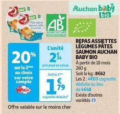 Auchan - Repas Assiettes Légumes Pâtes Saumon Baby Bio offre à 2,24€ sur Auchan Supermarché