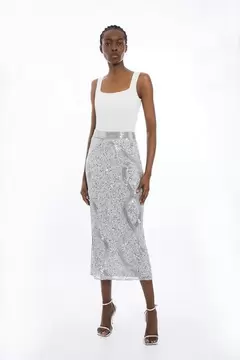 Beaded And Embellished Woven Pencil Skirt offre à 376€ sur Karen Millen