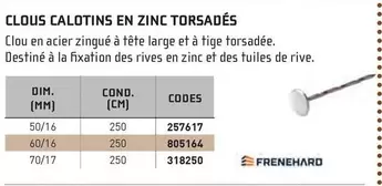 Frenehard - Clous Calotins En Zinc Torsades offre sur Chausson Matériaux