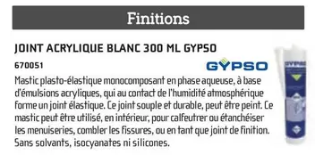 Gypso - Joint Acrylique Blanc offre sur Chausson Matériaux