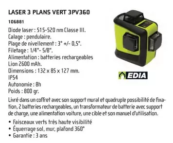 Laser 3 Plans Vert 3PV360 offre sur Chausson Matériaux