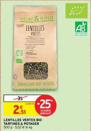 Tartines & Potager - Lentilles Vertes Bio offre à 2,51€ sur Intermarché Hyper