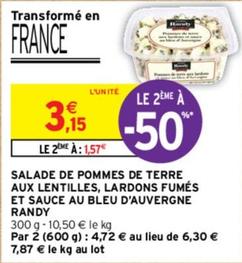 Randy - Salade De Pommes De Terre Aux Lentilles, Lardons Fumés Et Sauce Au Bleu D'Auvergne  offre à 3,15€ sur Intermarché Hyper