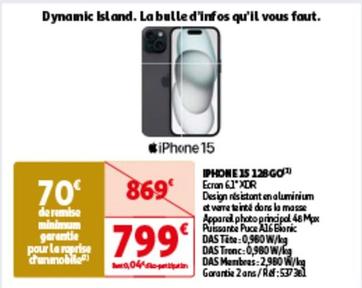 Apple - Iphone 15 128Go offre à 799€ sur Auchan Hypermarché