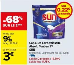 Sun - Capsules Lave Vaisselle Absolu Tout En 1 offre à 9,39€ sur Carrefour