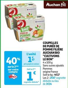 Auchan Bio - Coupelles De Purée De Pomme Filière "Cultivons Le Bon" offre à 1,67€ sur Auchan Supermarché