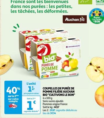 Auchan Bio - Coupelles De Purée De Pomme Filière "Cultivons Le Bon" offre à 1,67€ sur Auchan Hypermarché