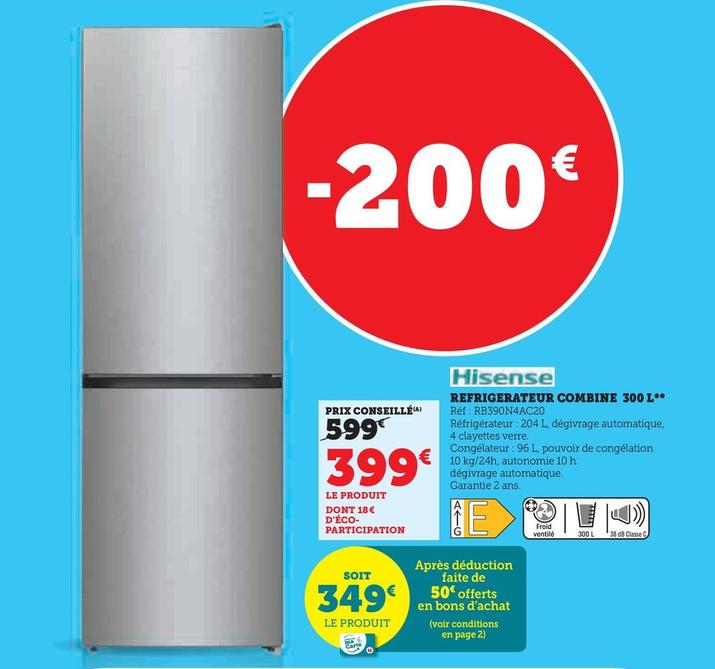 Hisense - Refrigeratur Combine 300L  offre à 399€ sur Hyper U