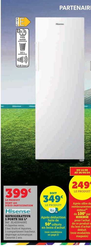 Hisense - Réfrigérateur 1 Porte 322L  offre à 399€ sur Hyper U