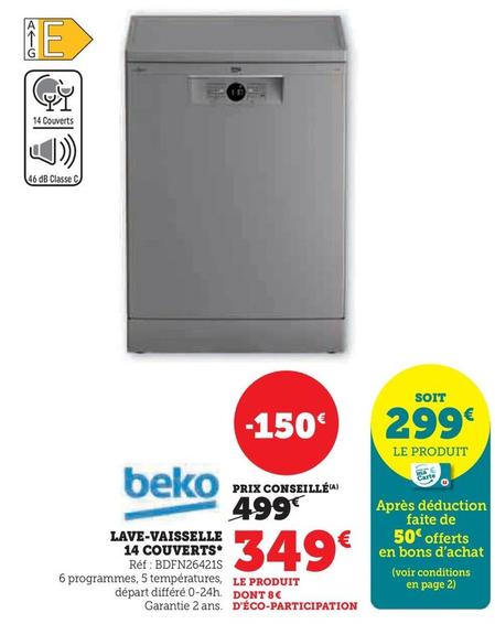 Beko - Lave-Vaisselle 14 Couverts offre à 349€ sur Super U