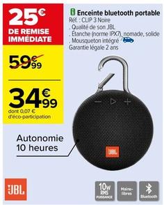 Jbl - Enceinte Bluetooth Portable Réf.: Clip 3 offre à 34,99€ sur Carrefour