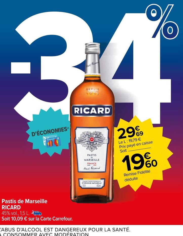 Ricard - Pastis De Marseille  offre à 19,6€ sur Carrefour Market