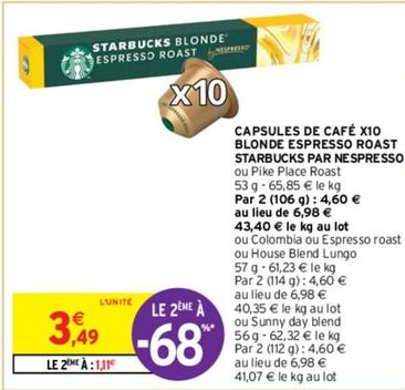 Nespresso - Capsules De Café Blonde Espresso Roast Starbucks offre à 3,49€ sur Intermarché