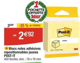 Post-it - Blocs Notes Adhésives Repositionnables Jaunes offre à 2,92€ sur Cora