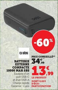 SBS - Batterie Externe Compacte 10000 Mah  offre à 13,99€ sur Super U
