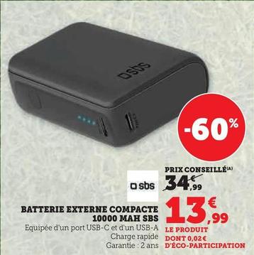 Sbs - Batterie Externe Compacte 10000 Mah offre à 13,99€ sur Super U