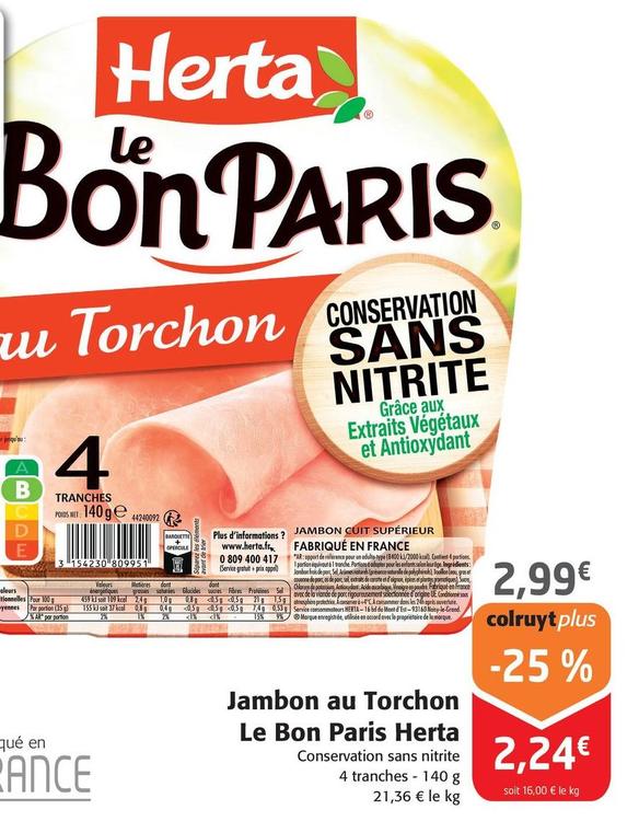 Herta - Jambon Au Torchon Le Bon Paris offre à 2,99€ sur Colruyt