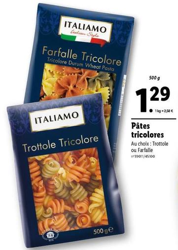 Pâtes tricolores offre à 1,29€ sur Lidl