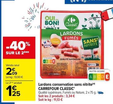 Carrefour - Lardons Conservation Sans Nitrite Classic' offre à 2,09€ sur Carrefour Contact