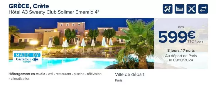 Grèce, Crète Hôtel A3 Sweety Club Solimar Emerald 4*  offre à 599€ sur Carrefour