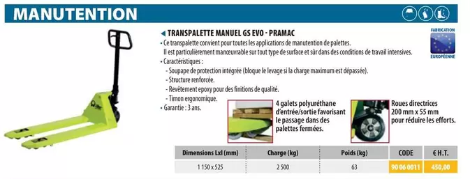 Pramac - Transpalette Manuel GS Evo offre sur Loxam