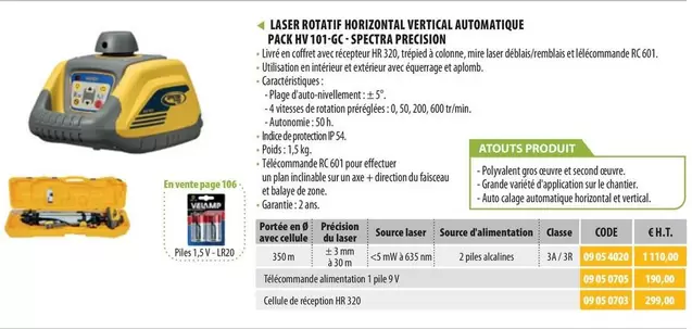 Spectra Precision - Laser Rotatif Horizontal Vertical Automatique Pack HV 101-GC offre sur Loxam