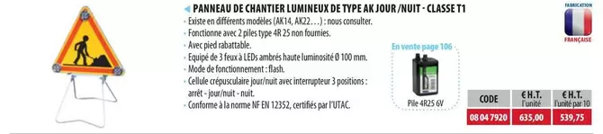 Panneau De Chantier Lumineux De Type AK Jour/Nuit-Classe T1 offre sur Loxam