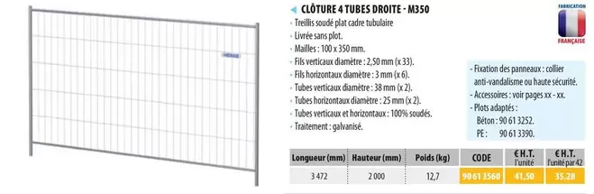 Cloture 4 Tubes Droite-M350 offre sur Loxam