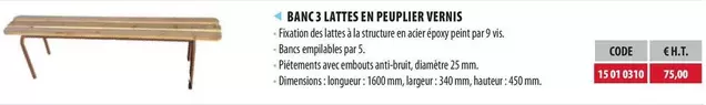 Banc 3 Lattes En Peuplier Vernis offre à 75€ sur Loxam