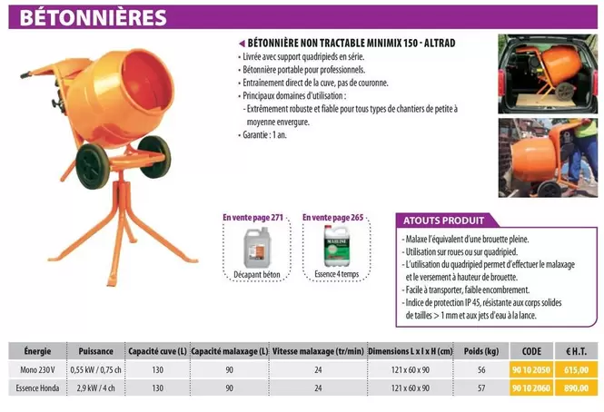 Altrad - Bétonnieres Non Tractable Minimix 150 Altrad offre à 615€ sur Loxam