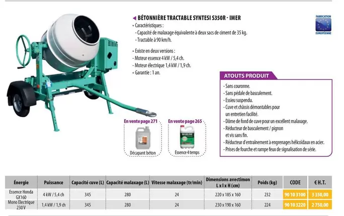 Bétonnière Tractable Syntesi S350R - IMER offre à 3350€ sur Loxam