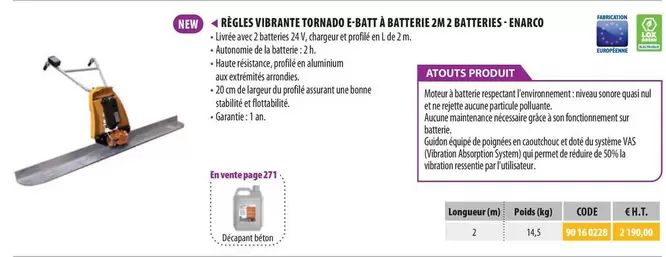 Règles Vibrante Tornado E Batt À Batterie 2m 2 Batteries Enarco offre à 2190€ sur Loxam