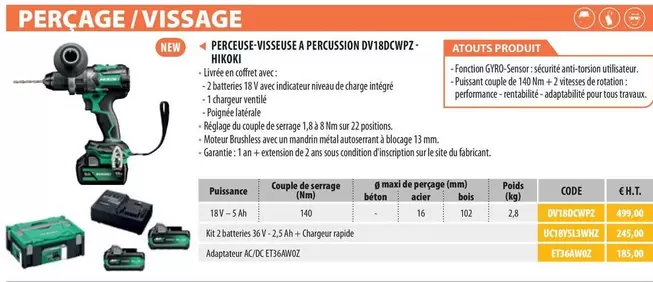 Hikoki - Perceuse-Visseuse A Percussion DV18DCWPZ offre à 499€ sur Loxam