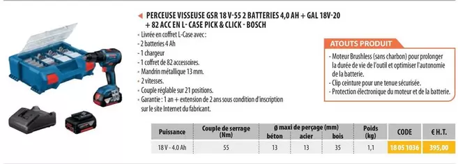 Bosch - Perceuse Visseuse Gsr 18 V-55 2 Batteries 4,0 Ah + Gal 18v-20 +82 Acc En L-Case Pick & Click offre à 395€ sur Loxam